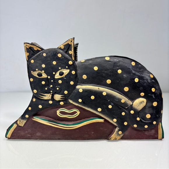 Laurel Burch Style Wooden Hand Painted Two Sided Cat Napkin Letter Holder Decor - Picture 2 of 12